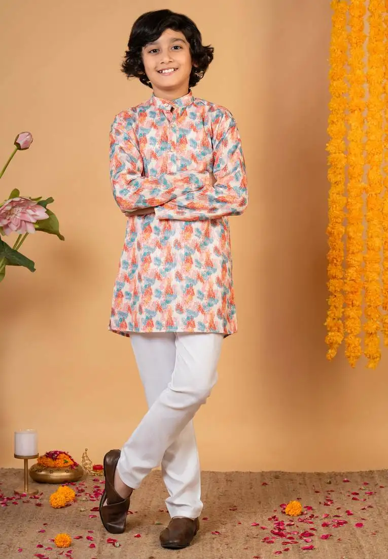 Boys peach cotton embroidered sequined ikat kurta pyjama set