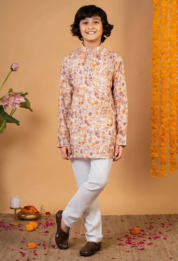 Boys rust cotton circular geometric printed kurta pyjama set