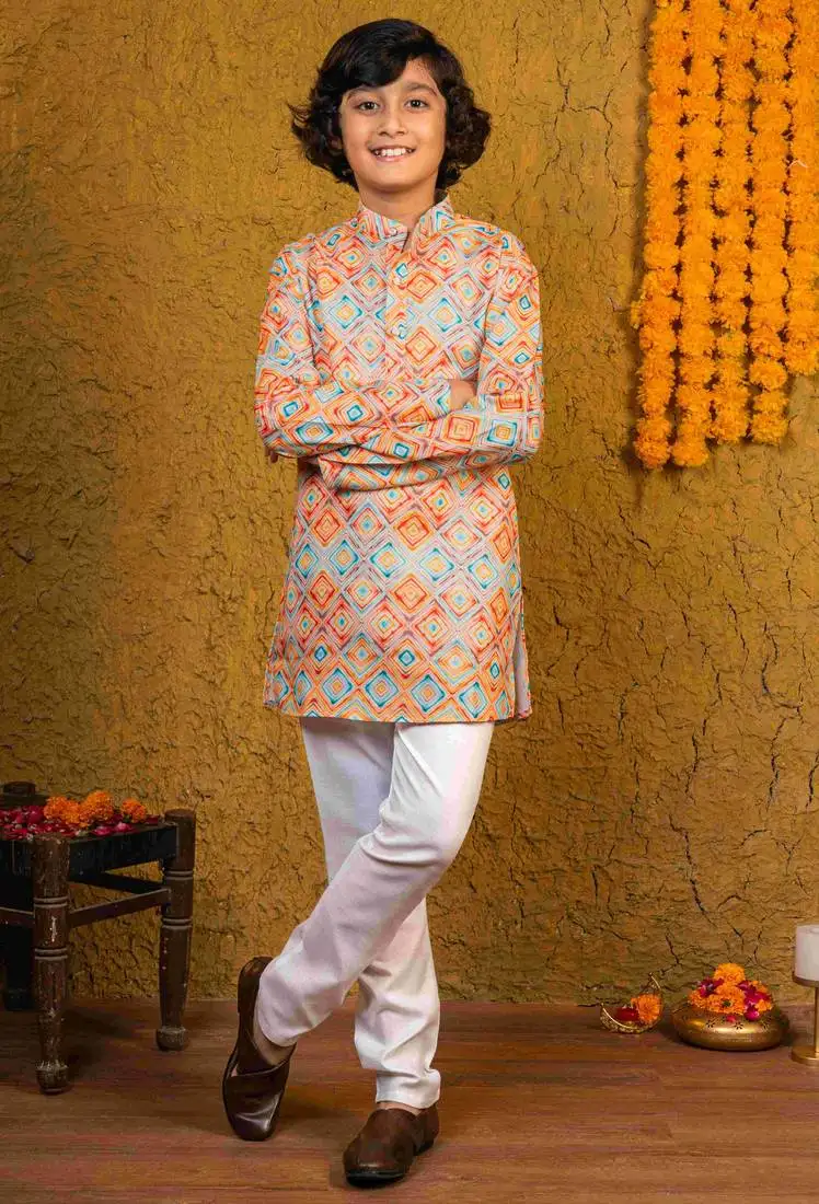 Boys multicolor cotton diamond geometric printed kurta pyjama set