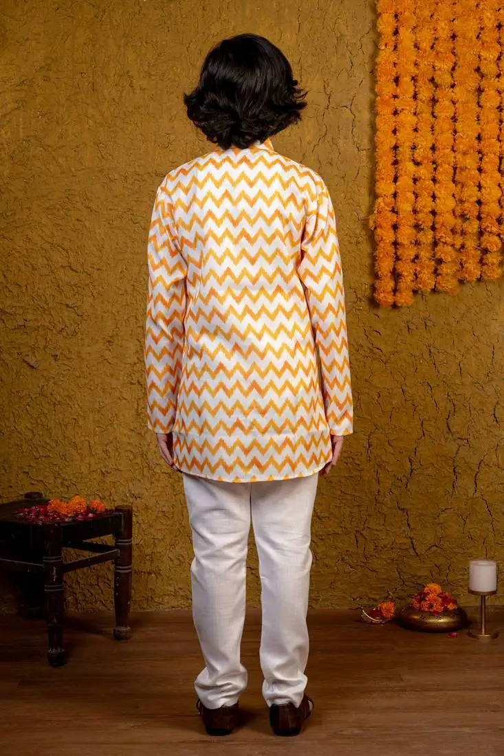 Boys yellow & white cotton chevron zigzag printed kurta with pyjama set