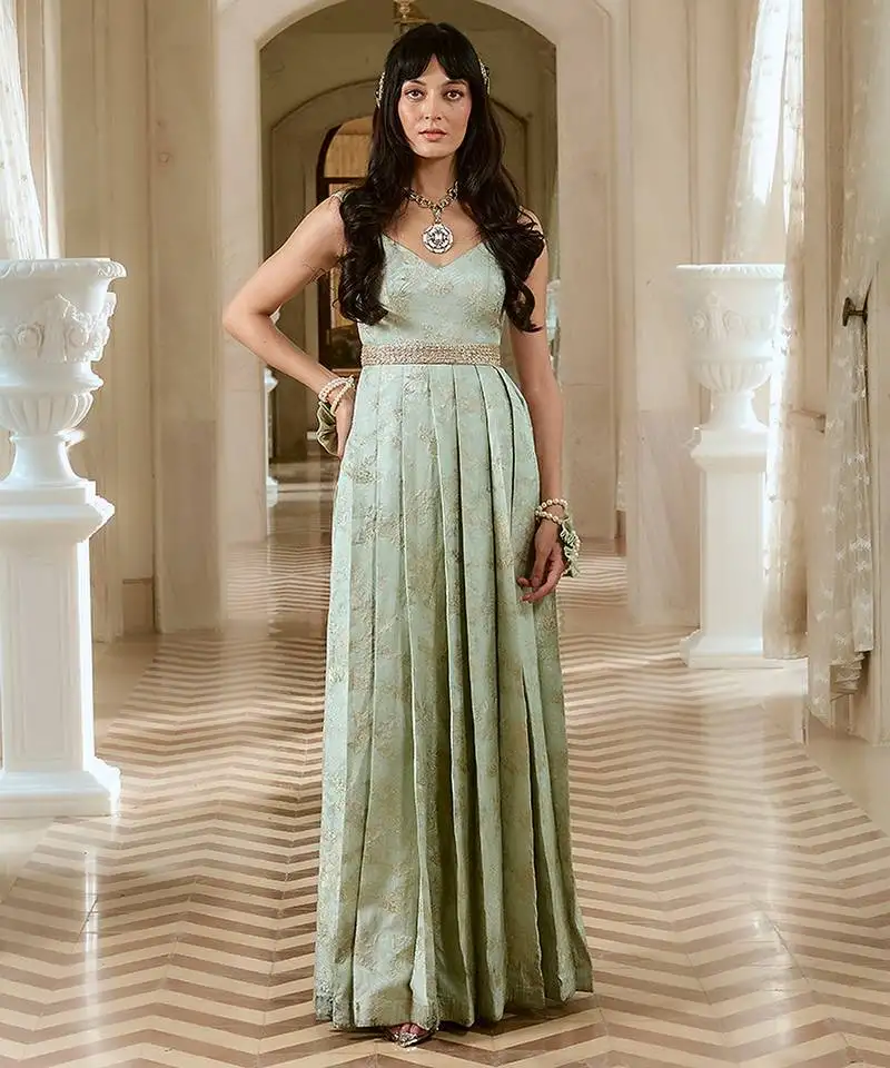 Green embroidered jacquard gown