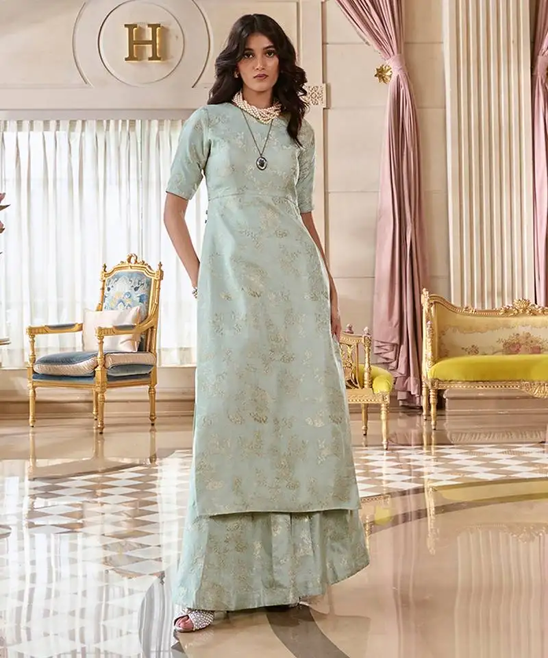 Blue embroidered jacquard kurta set