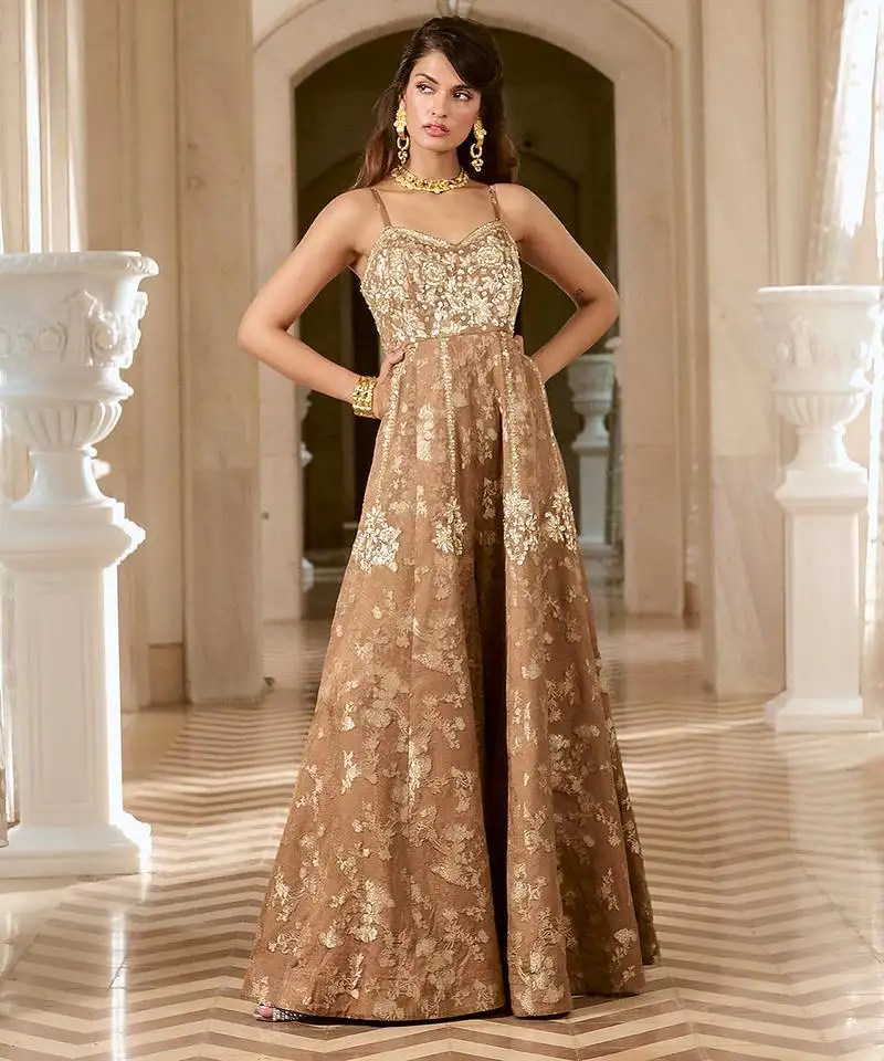 Brown embroidered jacquard jumpsuit