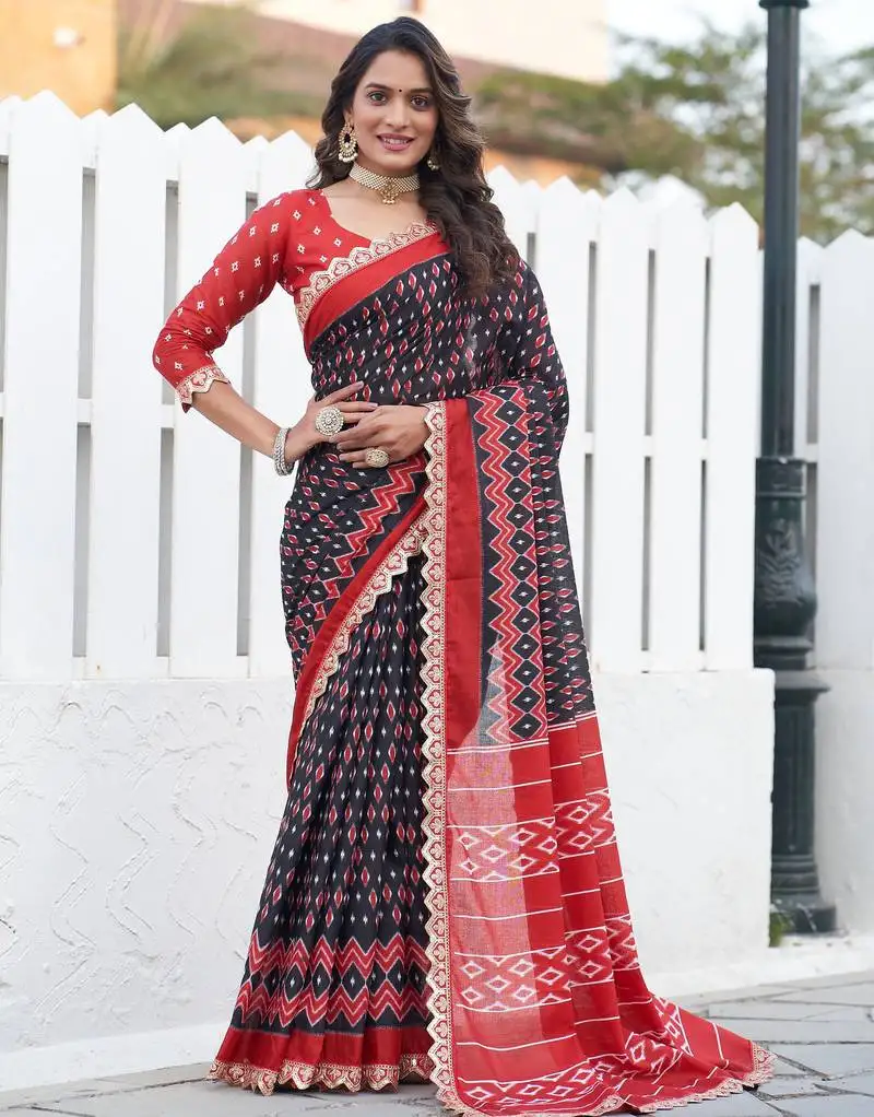 Black pure mulmul cotton printed fancy saree with blouse