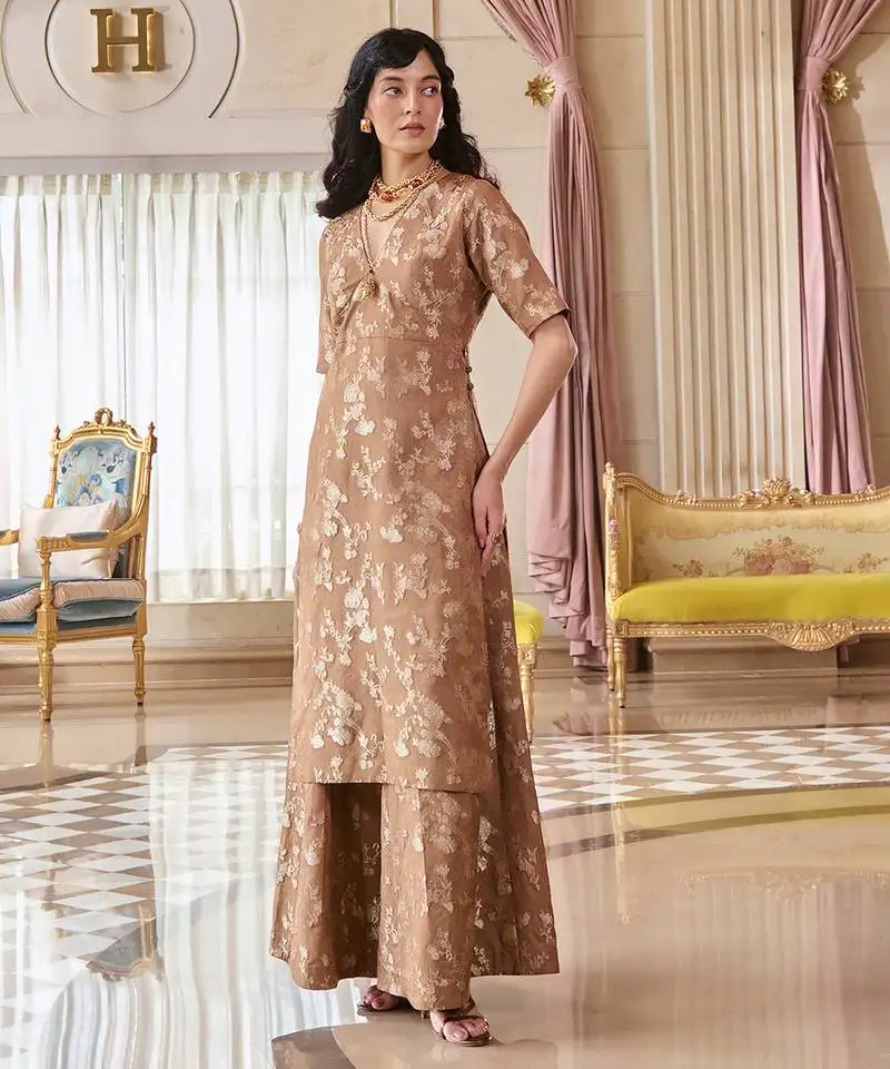 Brown embroidered jacquard kurta set