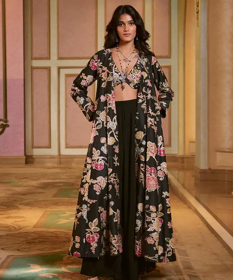 Black printed silk jacket set