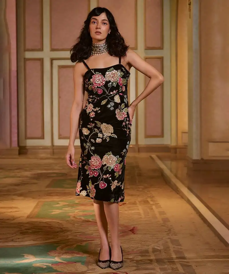 Black printed velvet dress