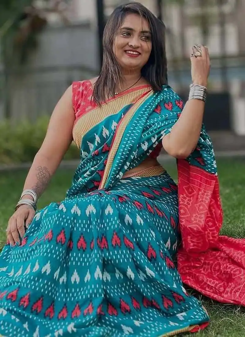 Blue soft mulmul cotton printed fancy saree with blouse