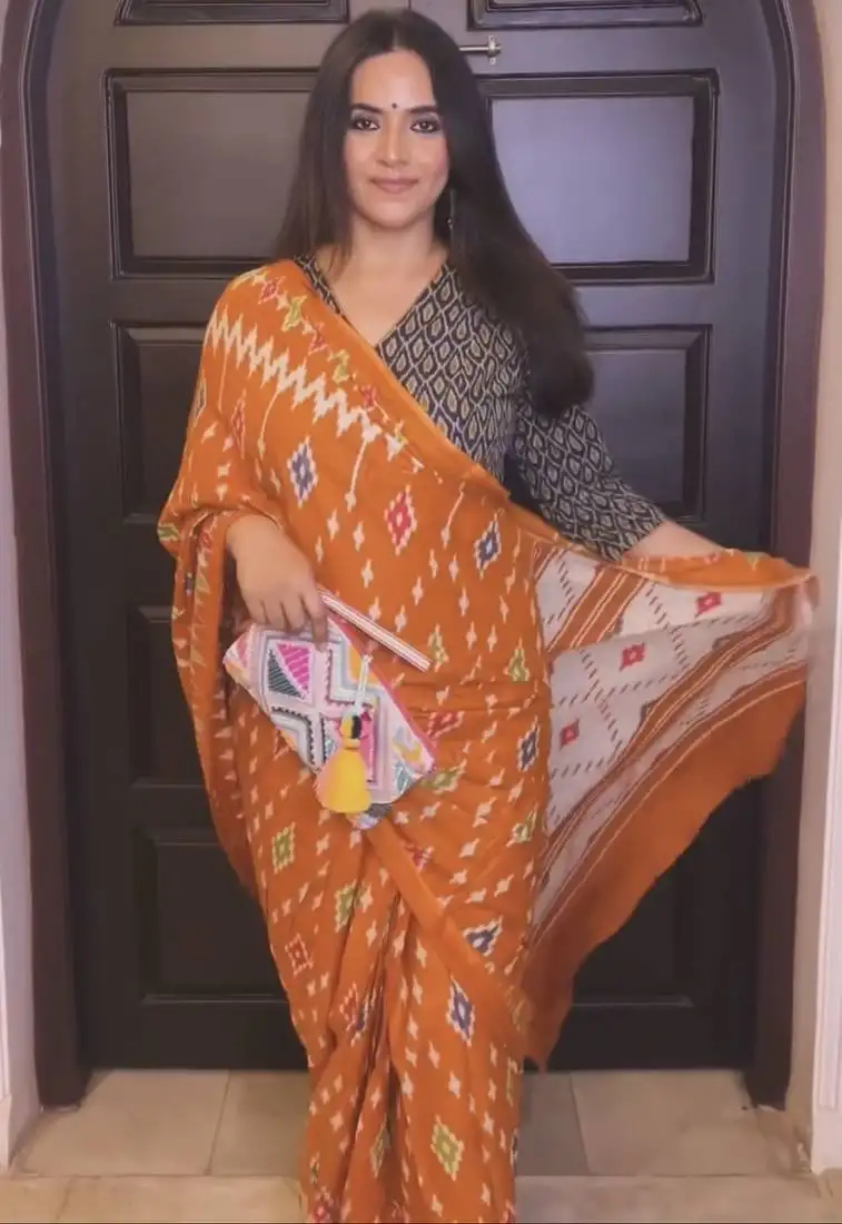 Orange soft mulmul cotton printed fancy saree with blouse