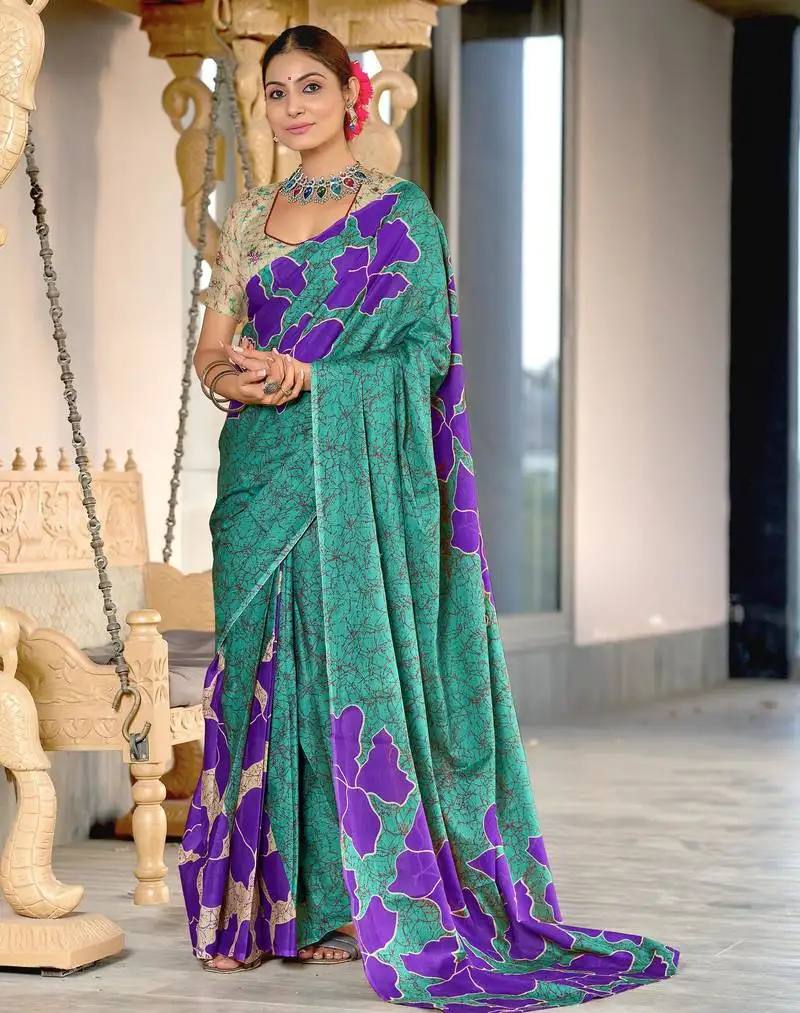 Blue soft cotton printed fancy saree with blouse