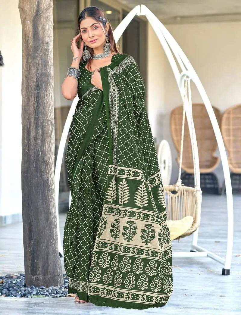 Dark green soft cotton printed fancy saree with blouse