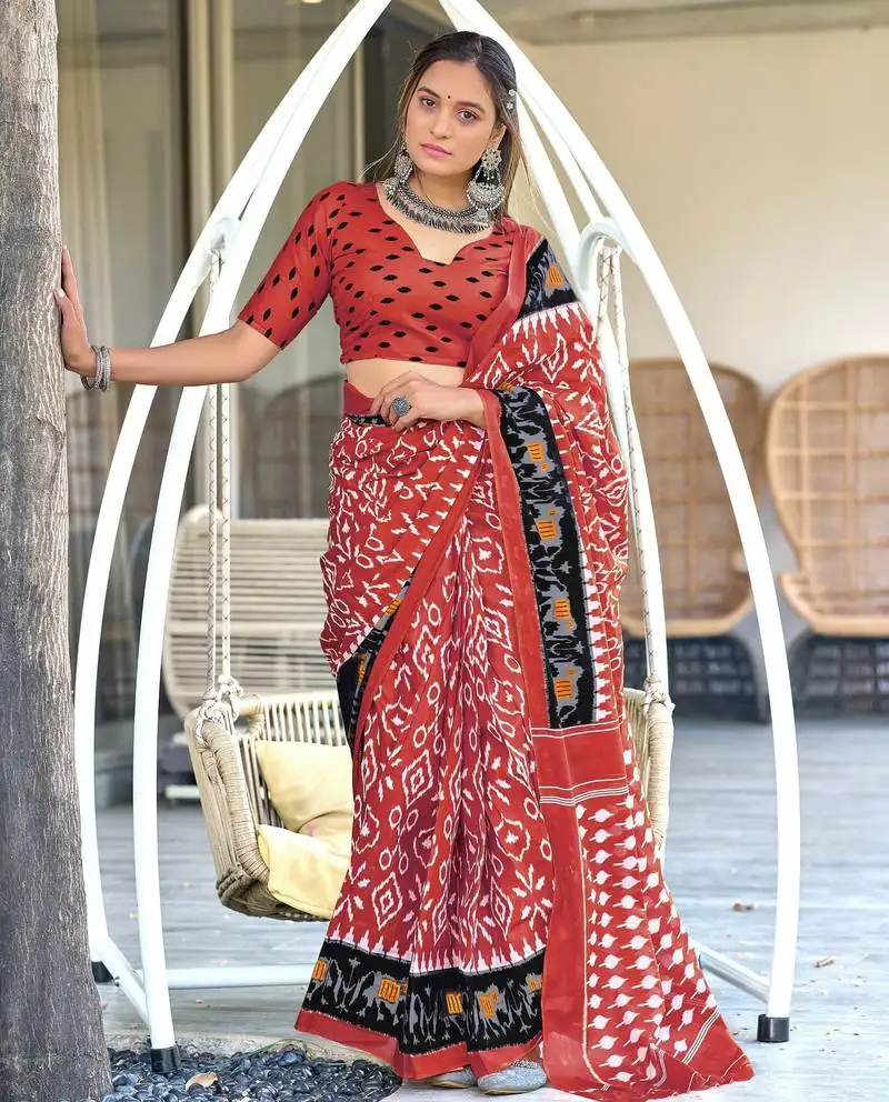 Maroon soft cotton printed fancy saree with blouse