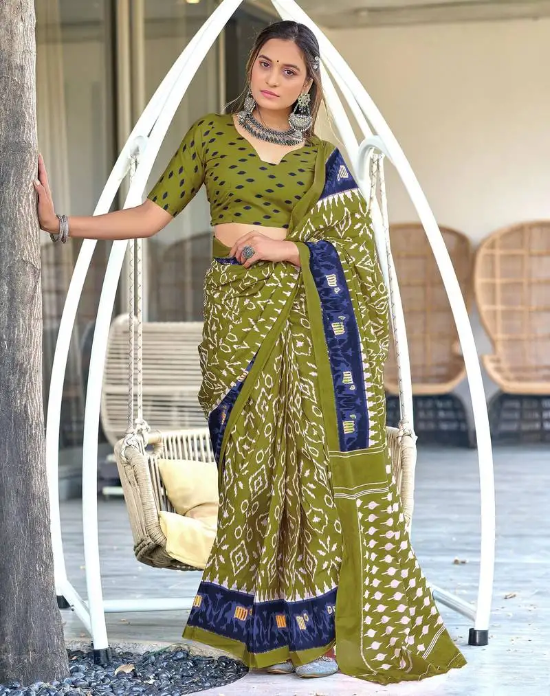 Mehedi soft cotton printed fancy saree with blouse