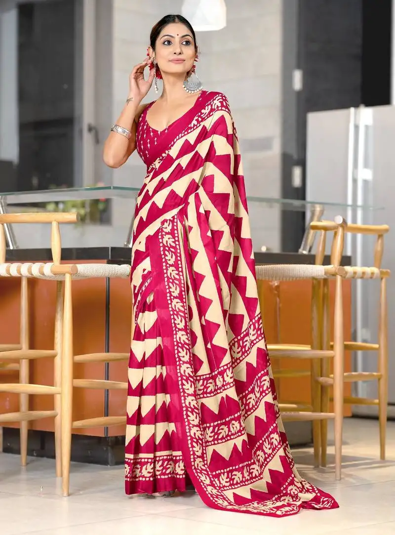 Pink soft cotton printed fancy saree with blouse