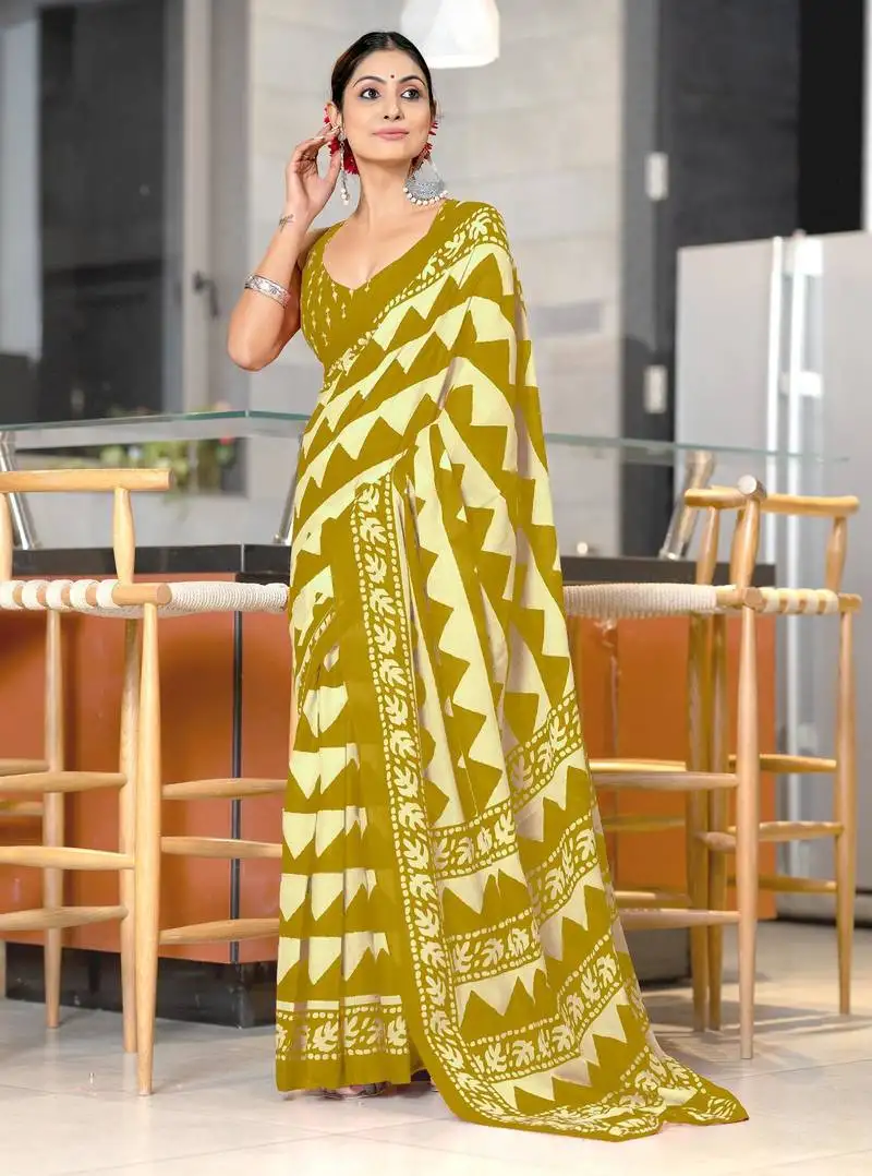 Mehendi soft cotton printed fancy saree with blouse