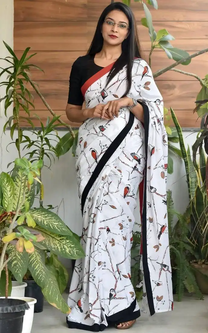 White soft pure cotton printed fancy saree with blouse
