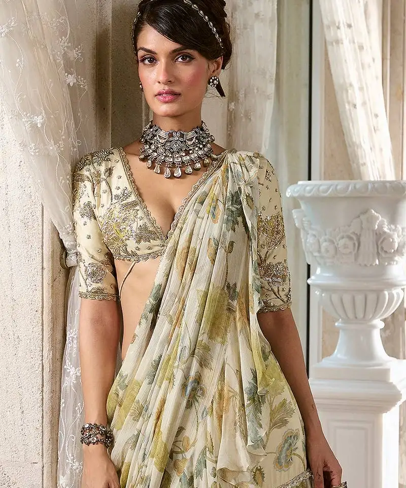 Ivory floral printed chiffon saree