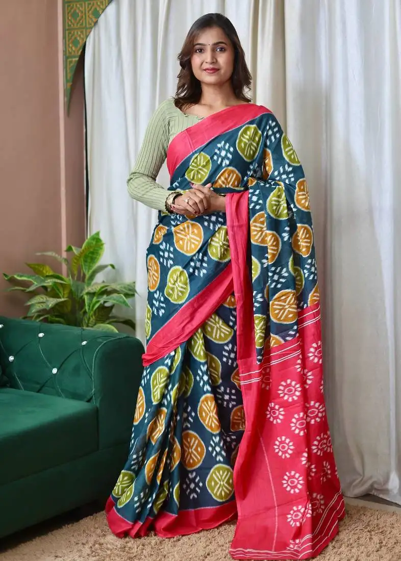 Teal blue mulmul cotton printed fancy saree with blouse