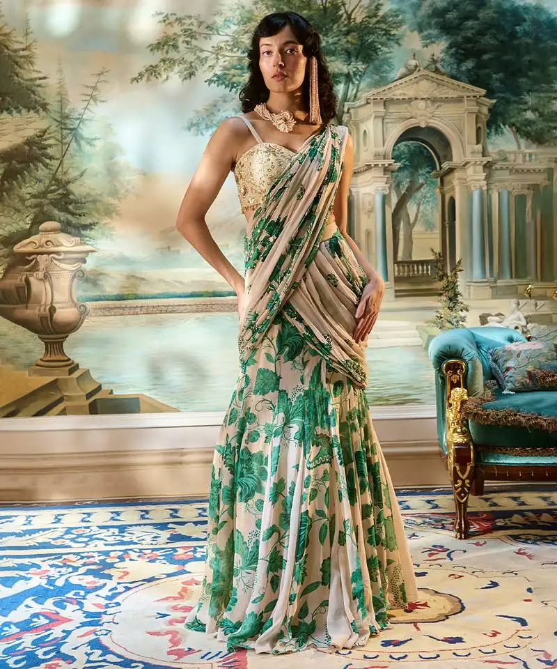 Ivory floral printed georgette saree