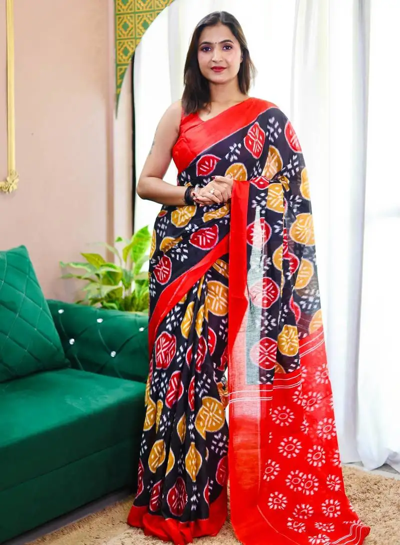 Maroon mulmul cotton printed fancy saree with blouse