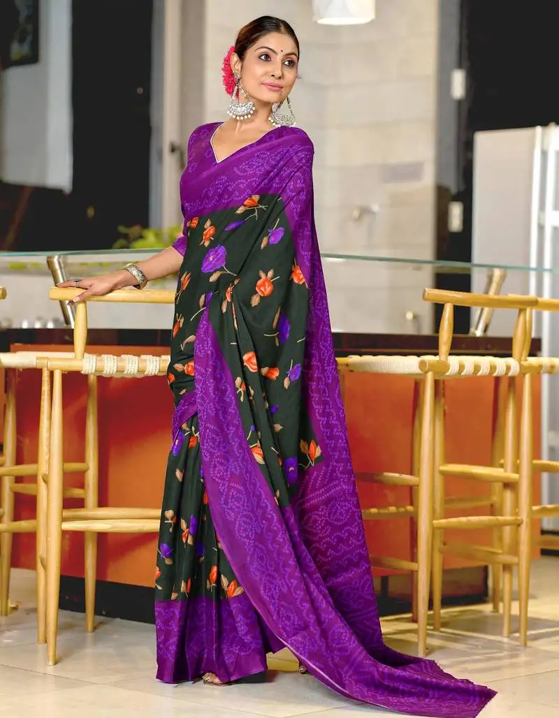 Black mulmul cotton printed fancy saree with blouse