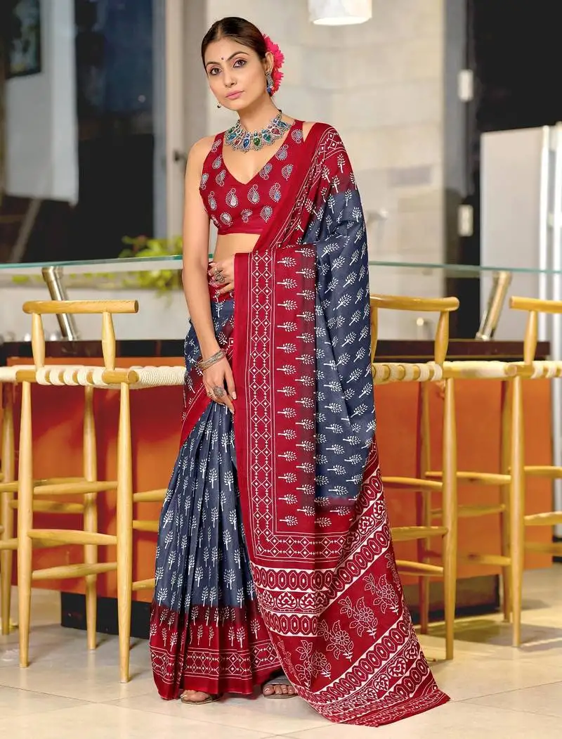 Grey soft cotton printed fancy saree with blouse