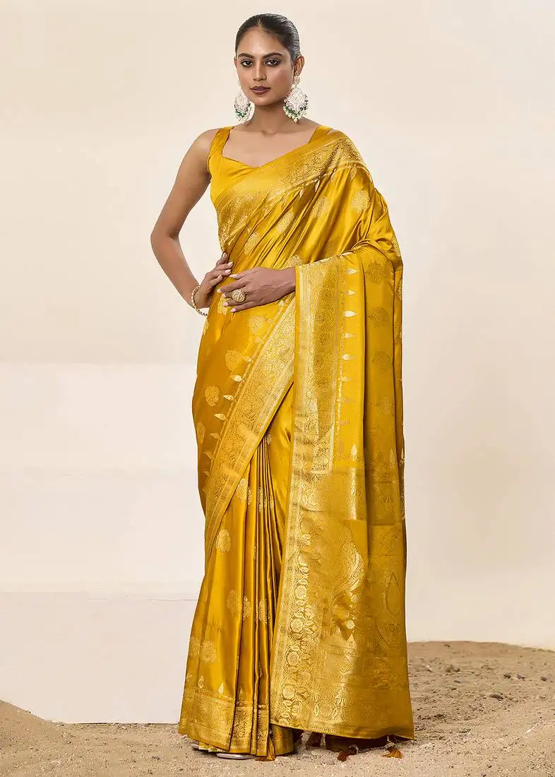 Yellow satin silk fancy saree with blouse