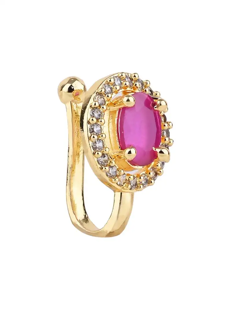 Gold plated clip on non piercing pressing type stone nose pin, nose ring stud for women