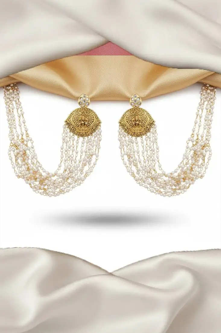 White laxmi design temple jewellery kaan chain earrings for women | antique gold finish with clustered pearls