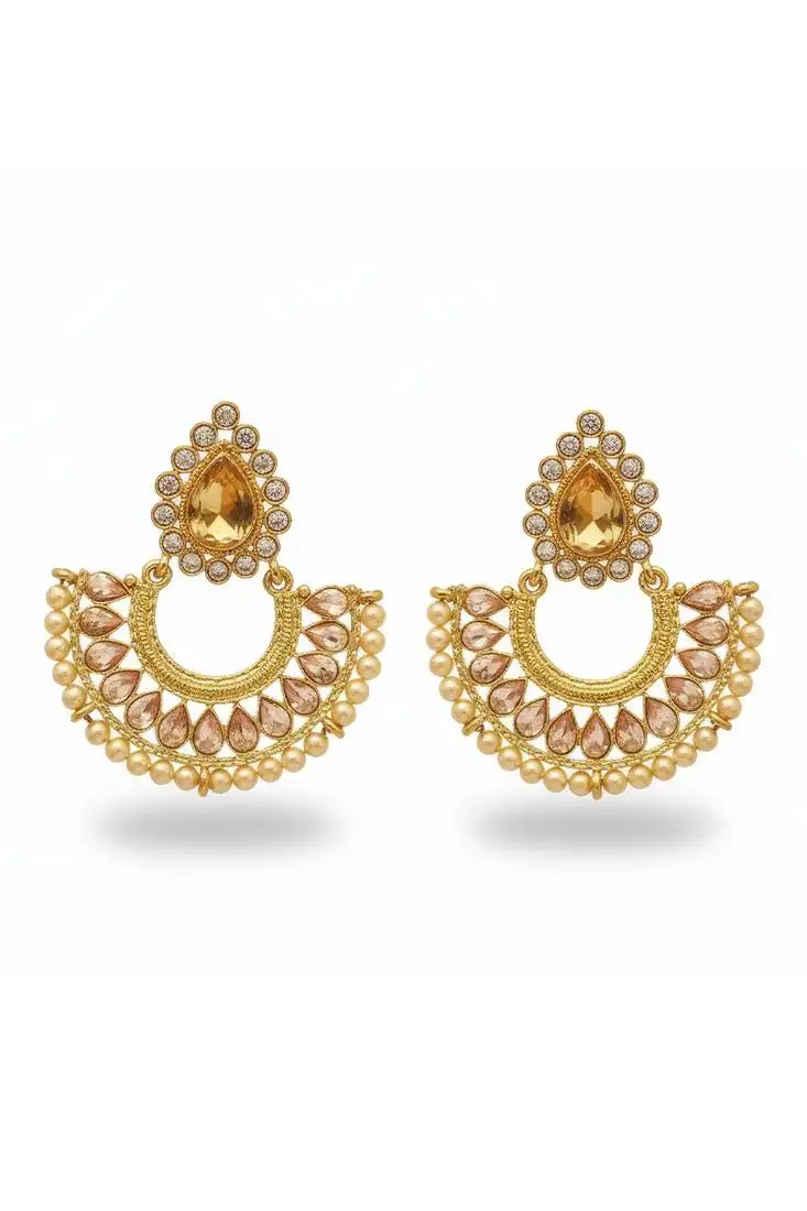 Transparent yellow polki earrings for women | half circle paan hold design for weddings & festivals