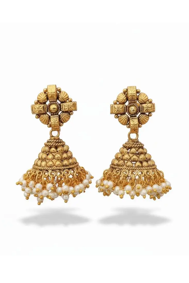 Pearl designer high gold polish clustered pearl jhumka earrings for women indian jhumki for girls