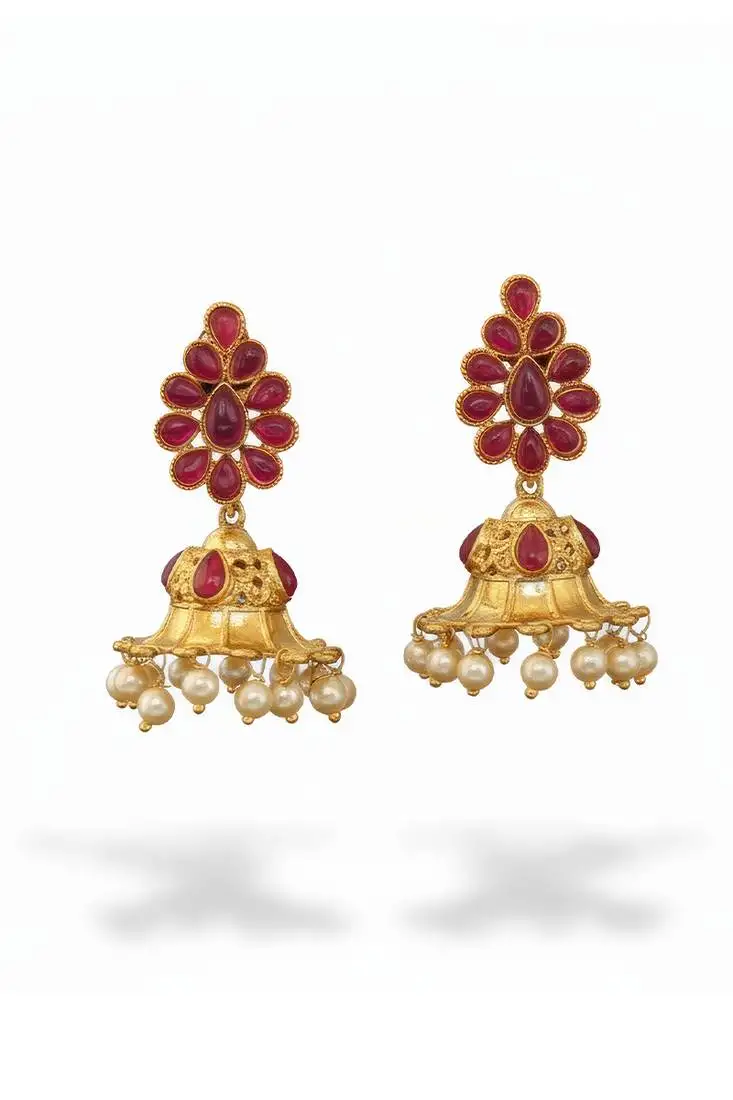 Rani designer fancy stylish antique stones clustered pearl jhumka earrings for women & girls