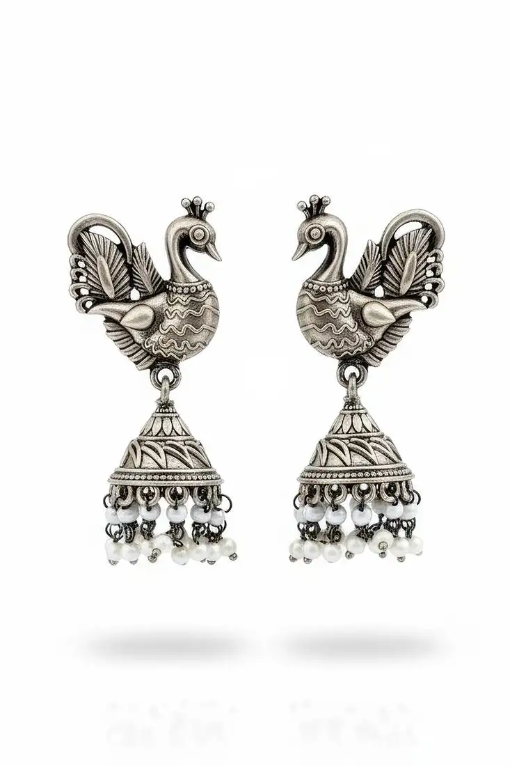 Oxidised silver peacock design long jhumka earrings for women | fancy traditional party jewelry