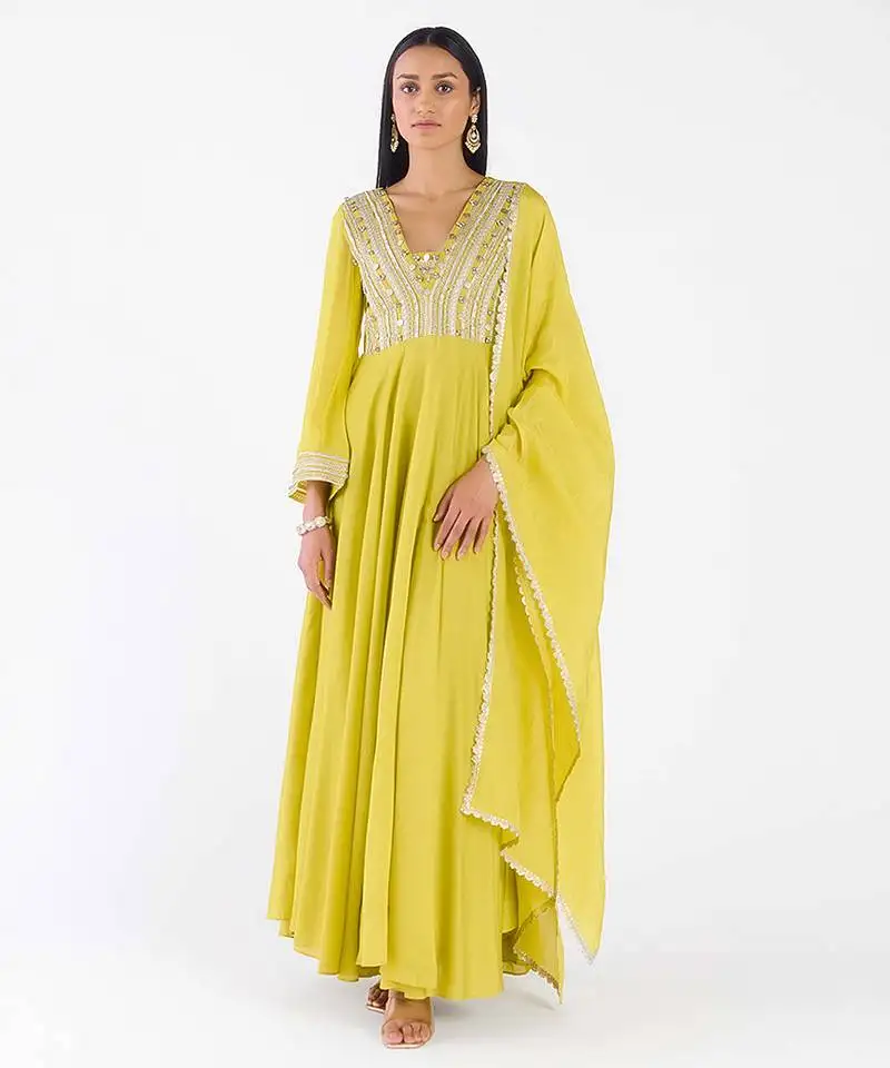 Lime embroidered chanderi anarkali
