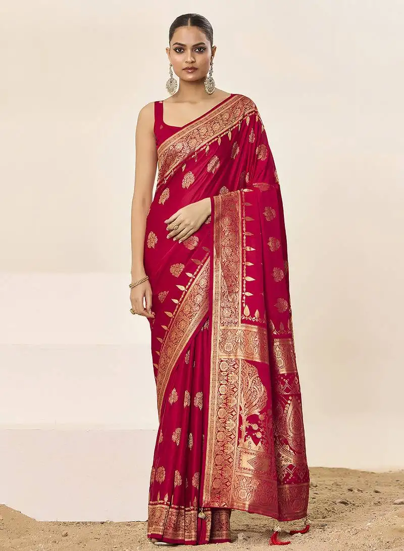 Red satin silk fancy saree with blouse
