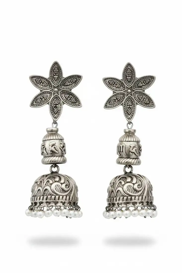Oxidised silver flower design jhumka earrings for women | antique oxidised jewelry