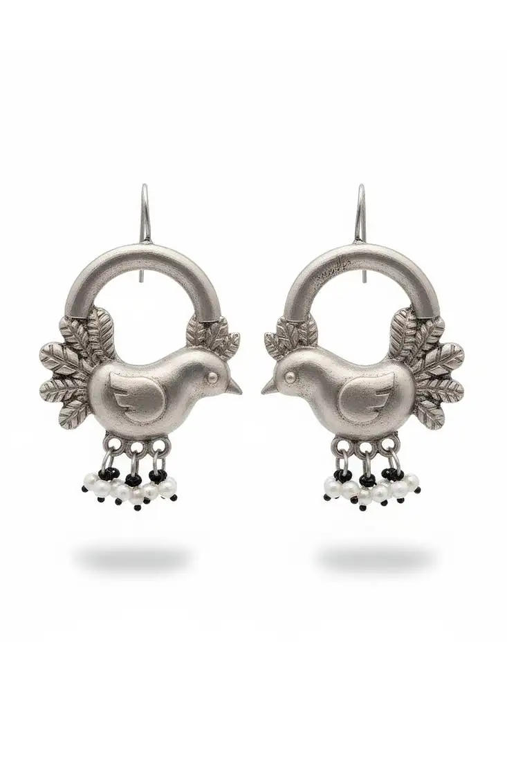 Oxidised silver flower design jhumka earrings for women | antique style oxidised jewelry