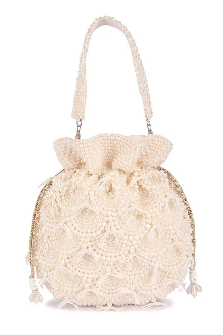 White pearl embroidered silk potli bag