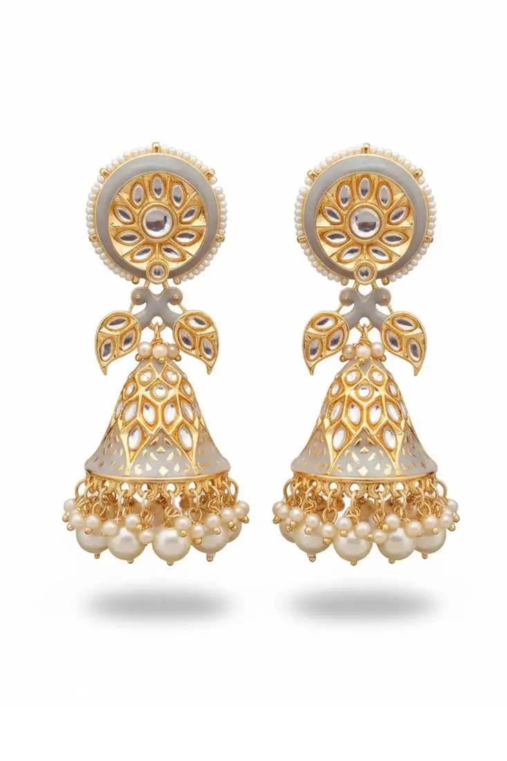 Gray clustered pearl high gold polish meenakari jhumka style long earrings for women & girls