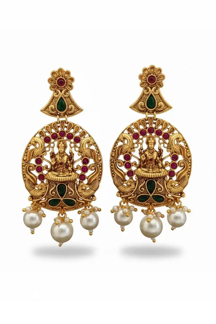 Ruby green god laxmi design clustered pearl high gold polish temple earrings for women & girls