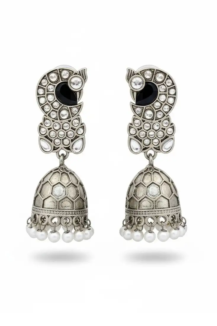White clustered pearl oxidised silver polish jhumka earrings for women & girls