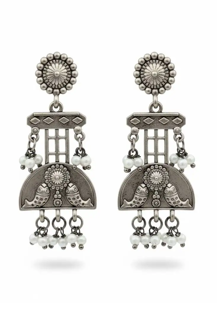 Pearl fancy style oxidised silver polish long earrings for women & girls