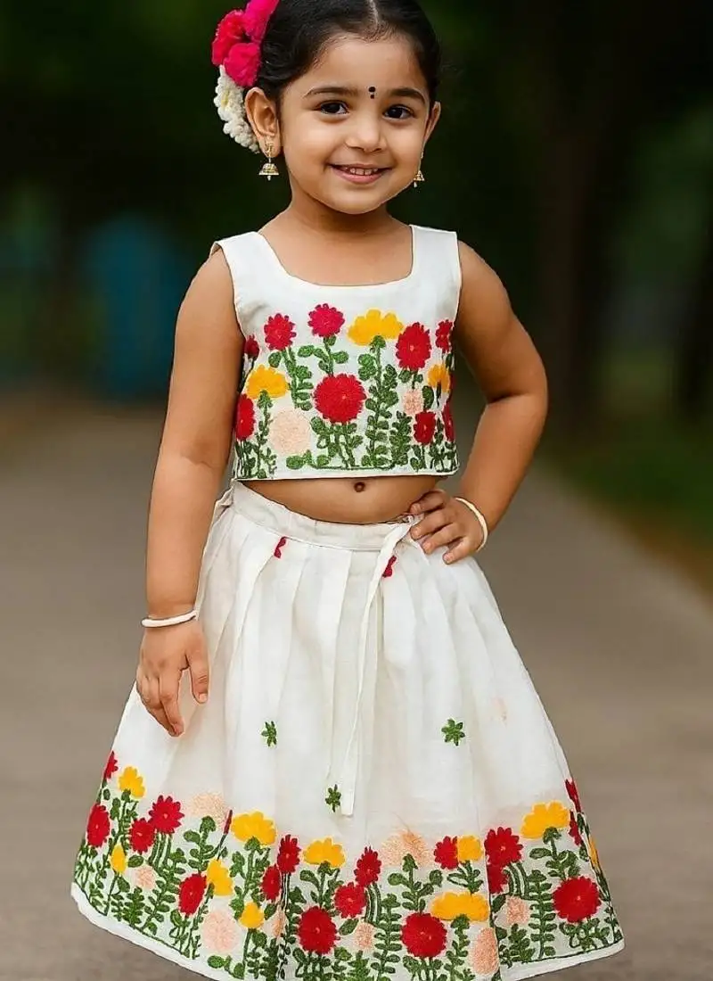 Offwhite soft kora cotton thread embroidery pavadai set