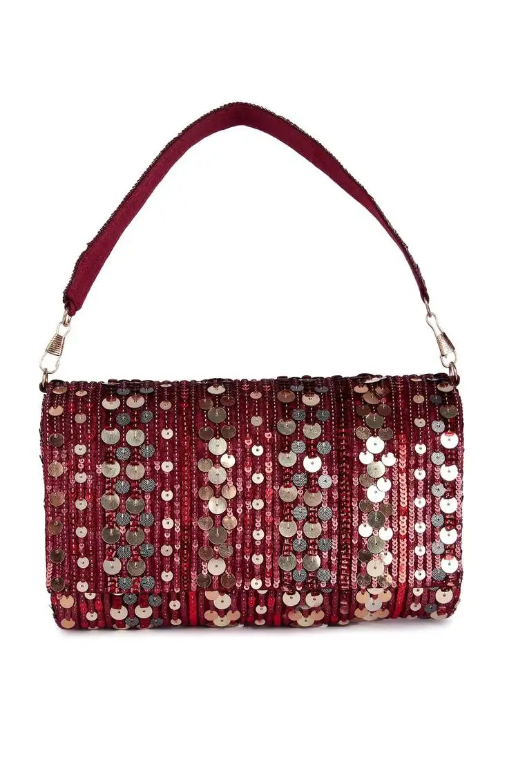 Maroon sequin embroidered silk clutch