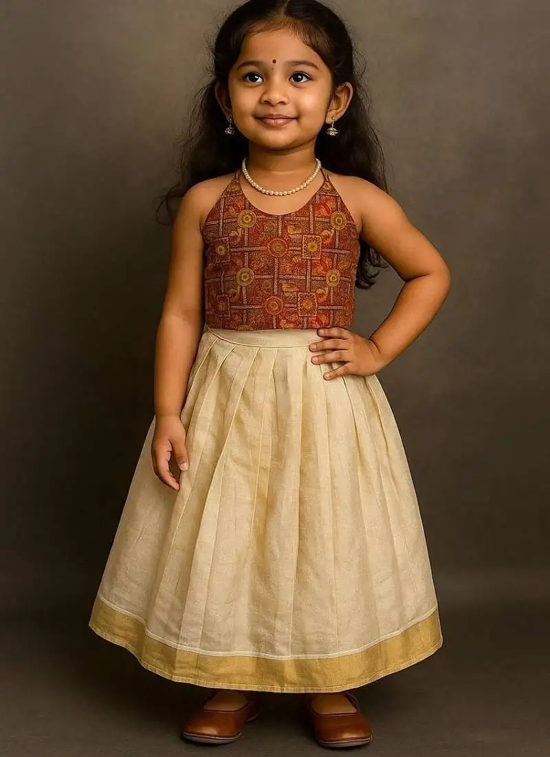 Mustard soft kerala silk with zari weaving pavadai set