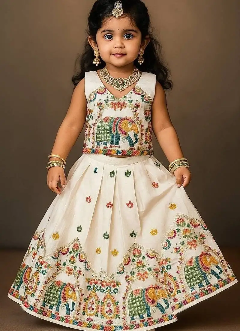 Offwhite soft kora cotton thread embroidered work pattu langa set