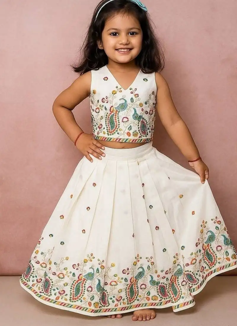 Offwhite soft kora cotton thread embroidered pavadai set