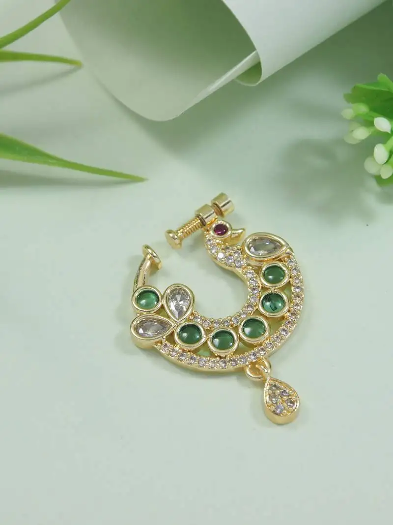Peacock design cz american diamond non-piercing screw press nose pin::Nath clip on for women