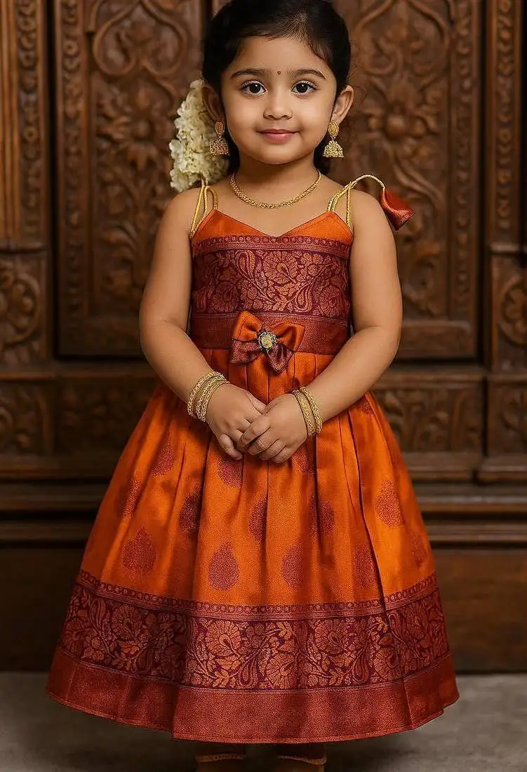 Orange soft silk pure zari weaving pattu langa gown