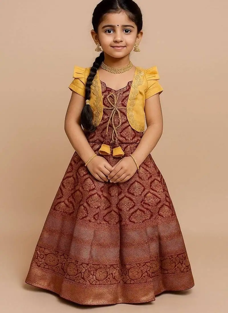 Maroon silk pure zari weaving koti style pavadai gown